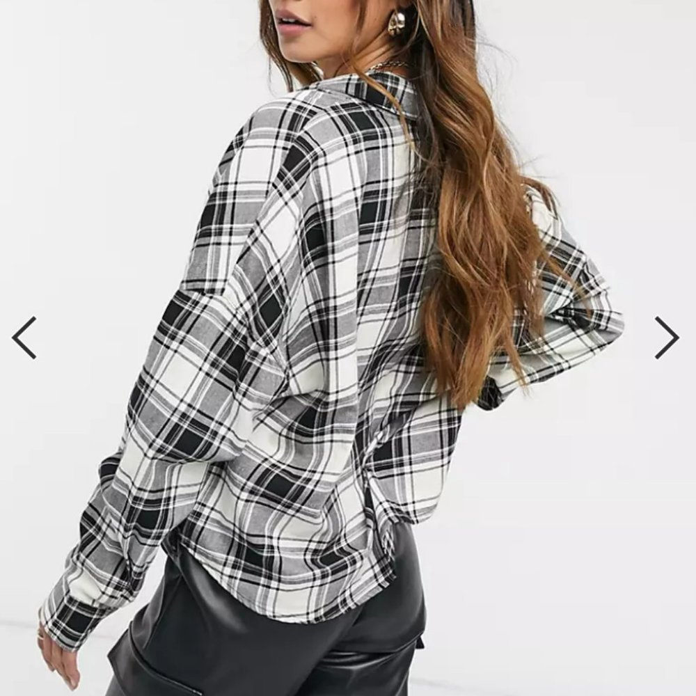 ASOS Black/Cream Plaid long-sleeve button up top in AU18 - Picture 2 of 5